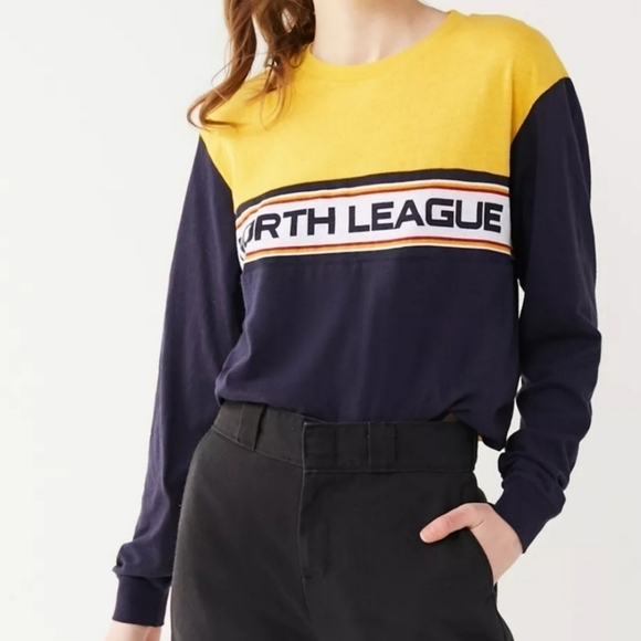 Urban Outfitters Navy Blue Color Block North League Long Sleeve Graphic T-Shirt - Picture 1 of 9